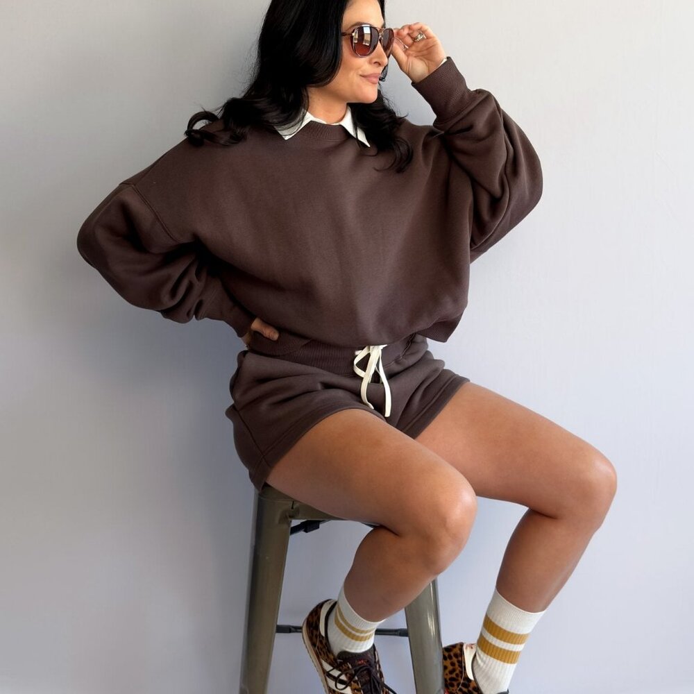 Women’s Chocolate Brown Oversized Sweatshirt & High-Waist Shorts Set